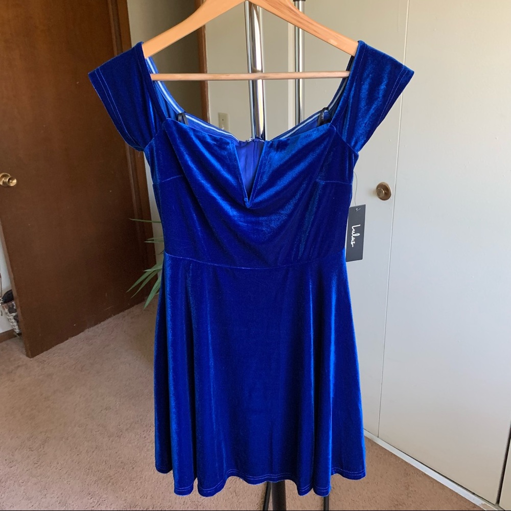 Lulu’s Lani Royal Blue Velvet Off Shoulder Skater Dress NWT - Picture 2 of 8